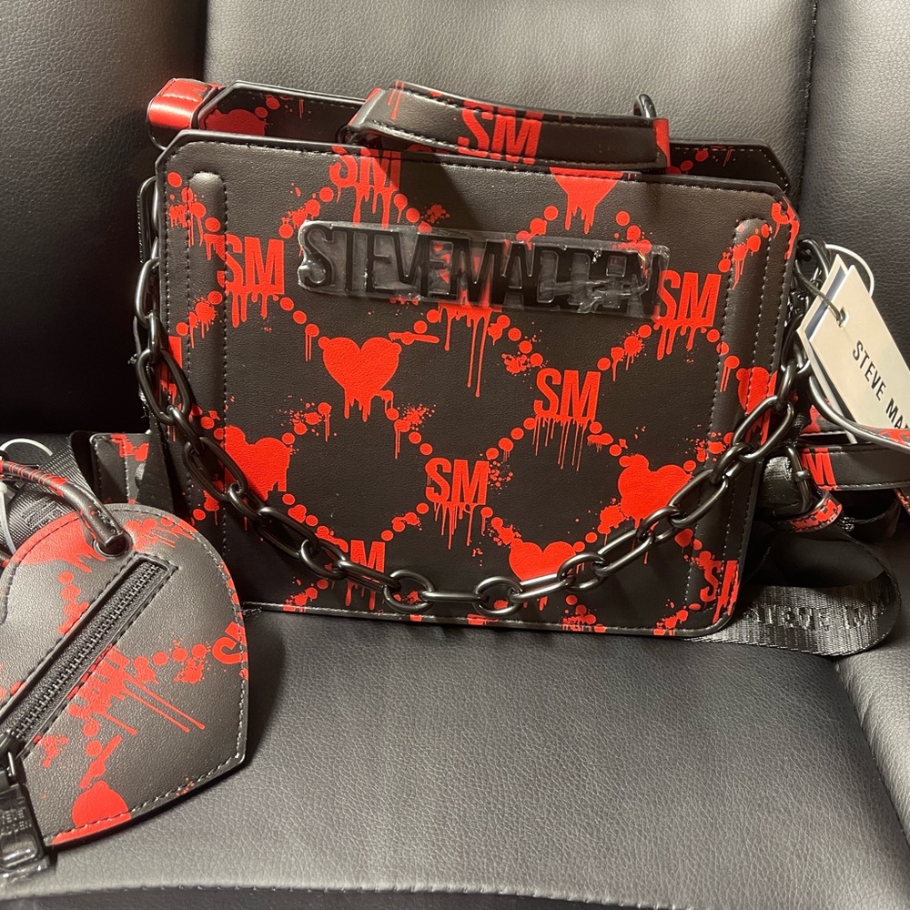 STEVE MADDEN BEVELYN SATCHEL CROSSBODY BAG W COIN PURSE  HALLOWEEN BLACK RED